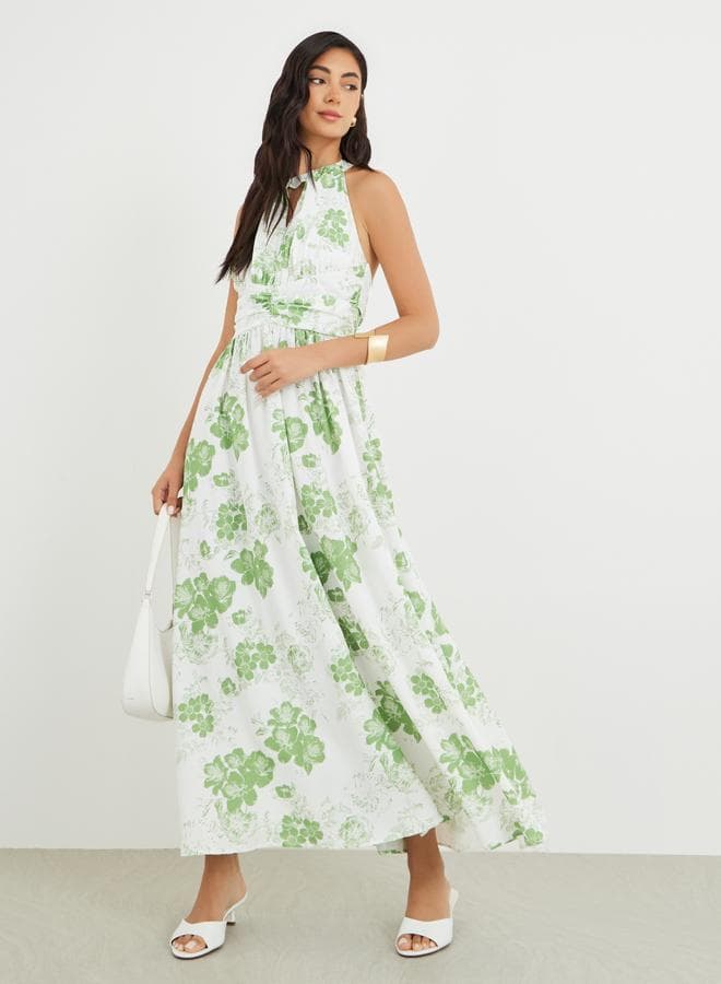 Floral Print Halter Neck A-Line Maxi Dress - Image 1
