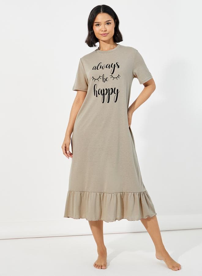 Always Be Happy Graphic Ruffle Hem Sleep T-Shirt Dress - Image 1
