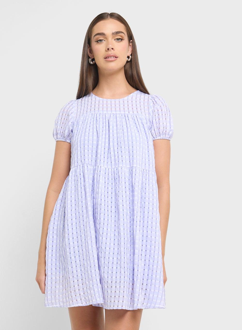 Light Purple Gingham Tiered Mini Dress - Image 1