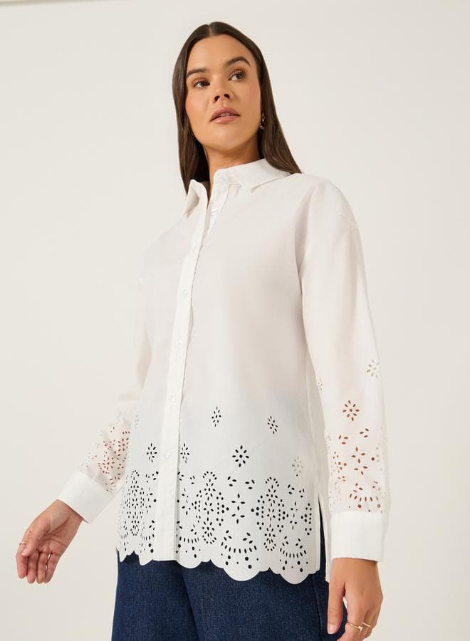 Oversized Laser Cut Hem Long Sleeve Shirt - Image 1