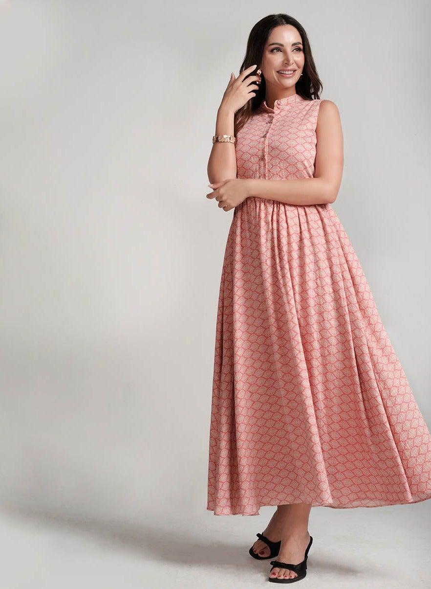Printed Cotton Maxi Dress with Collared Neckline - Image 1