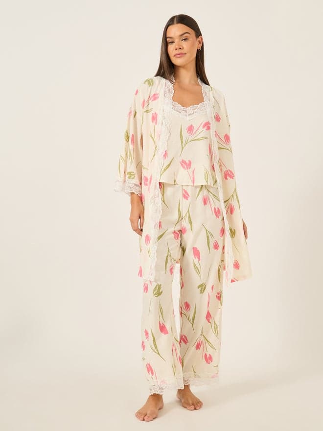 Unwind Floral Print Cami, Pyjama and Robe Set - Image 1