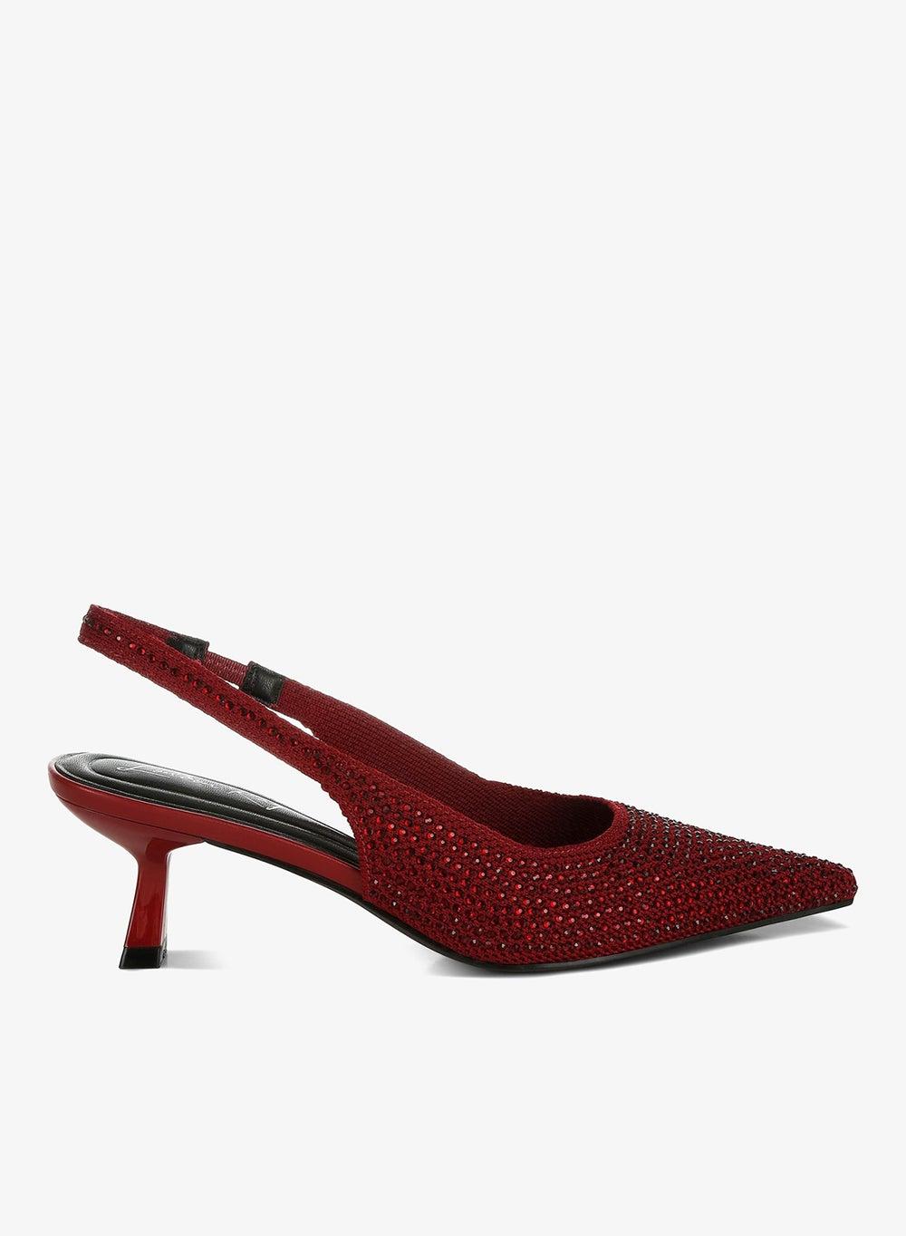 Burgundy Flyknit Rhinestone Slingback Kitten Heels - Image 1