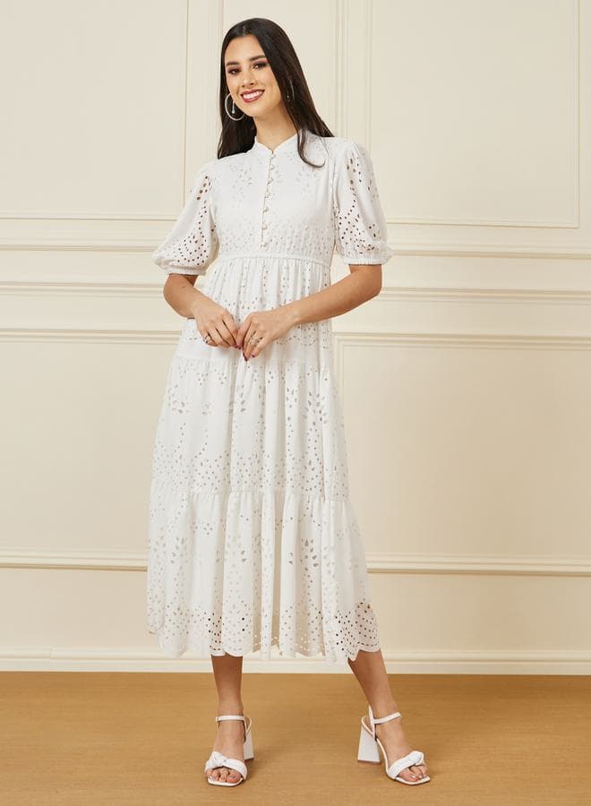 White Eyelet Puff-Sleeve Midi Dress - Image 1