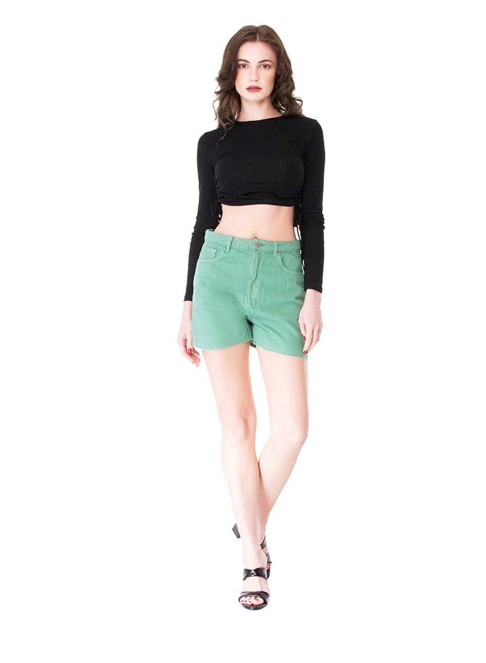 Green High Waisted Raw Hem Denim Shorts - Image 1