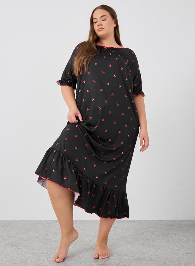 Plus Size Cherry Print Gathered Detail Night Dress - Image 1