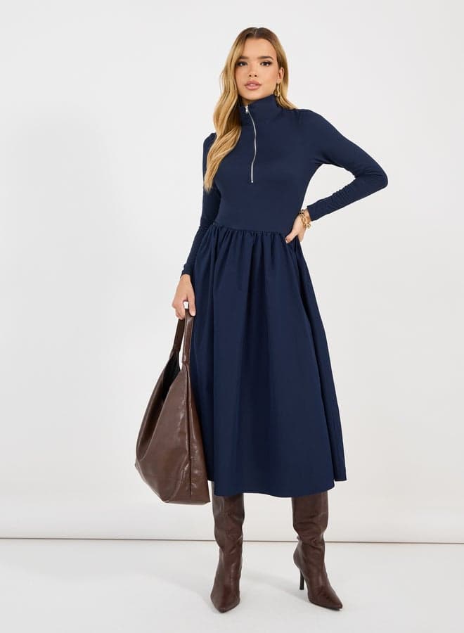 Navy Midi Dress with Gathered Skirt - Image 1