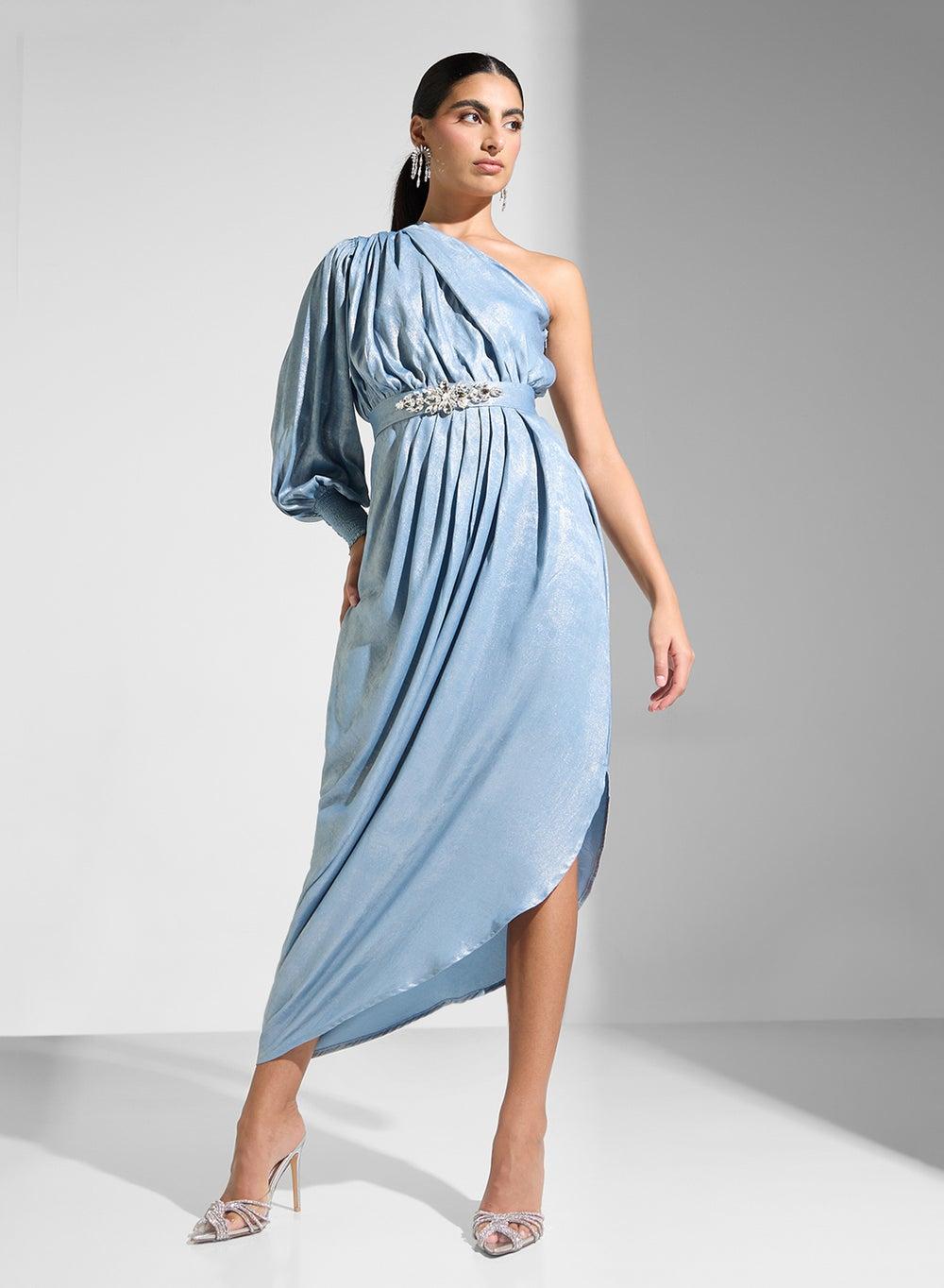 Light Blue One-Shoulder Midi Dress with Belt - Image 1