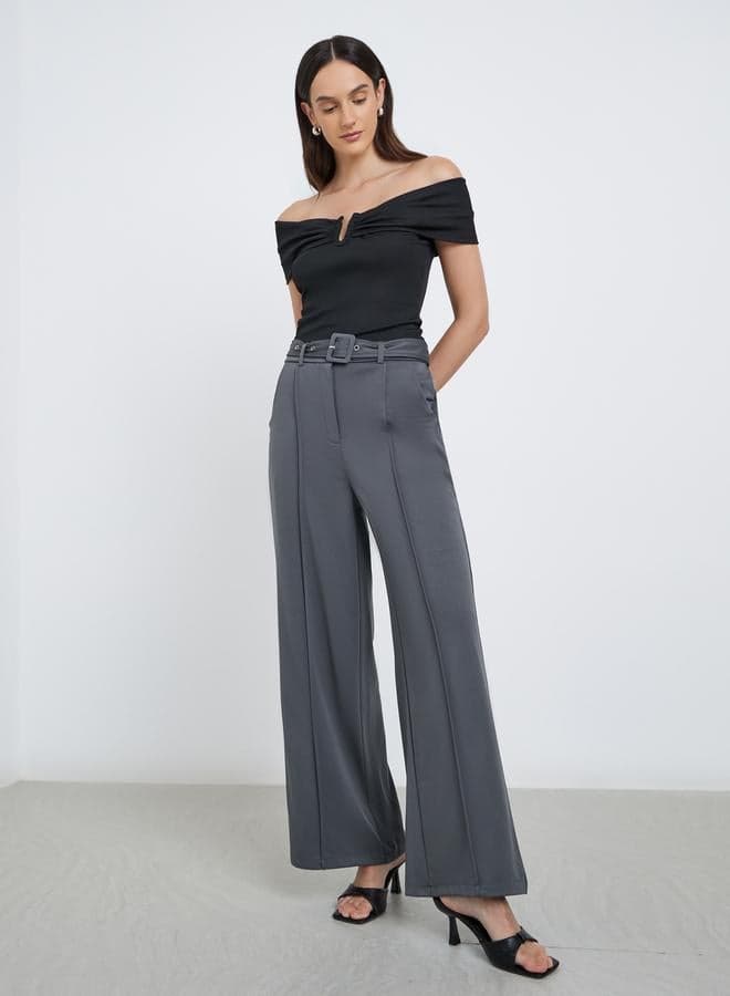 Women’s Charcoal Wide Leg Trousers with Pintuck Detail - Image 1