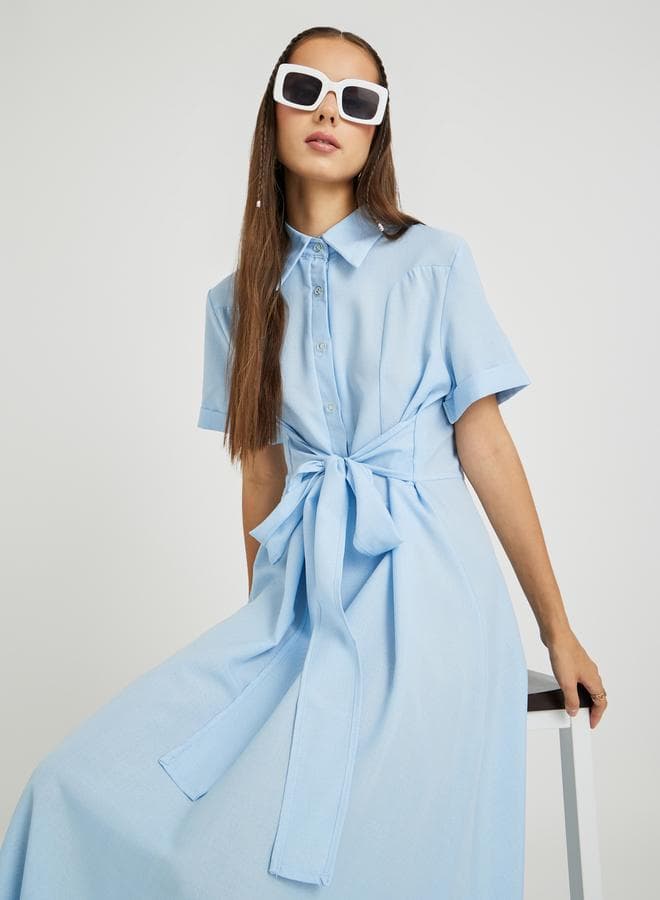 Solid Spread Collar Waist Tie Maxi Dress - Image 1