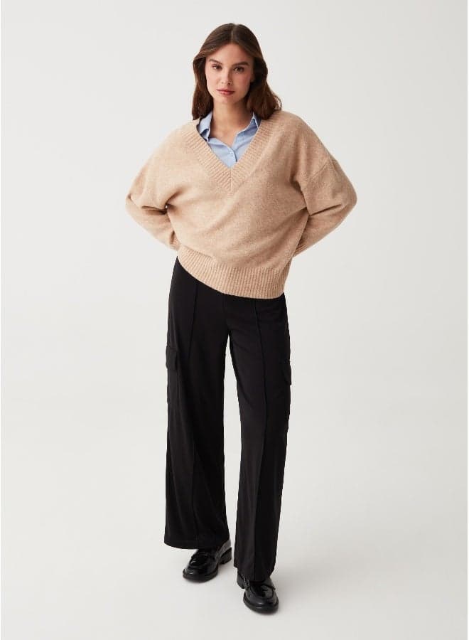 Wide-Leg Cargo Trousers with Raised Stitching - Image 1