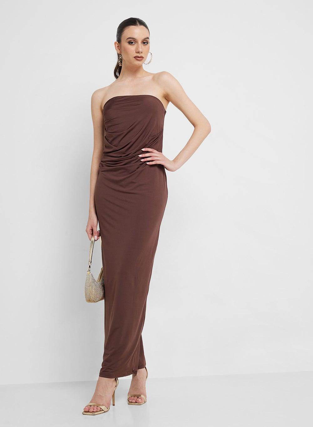 Strapless Brown Column Maxi Dress - Image 1