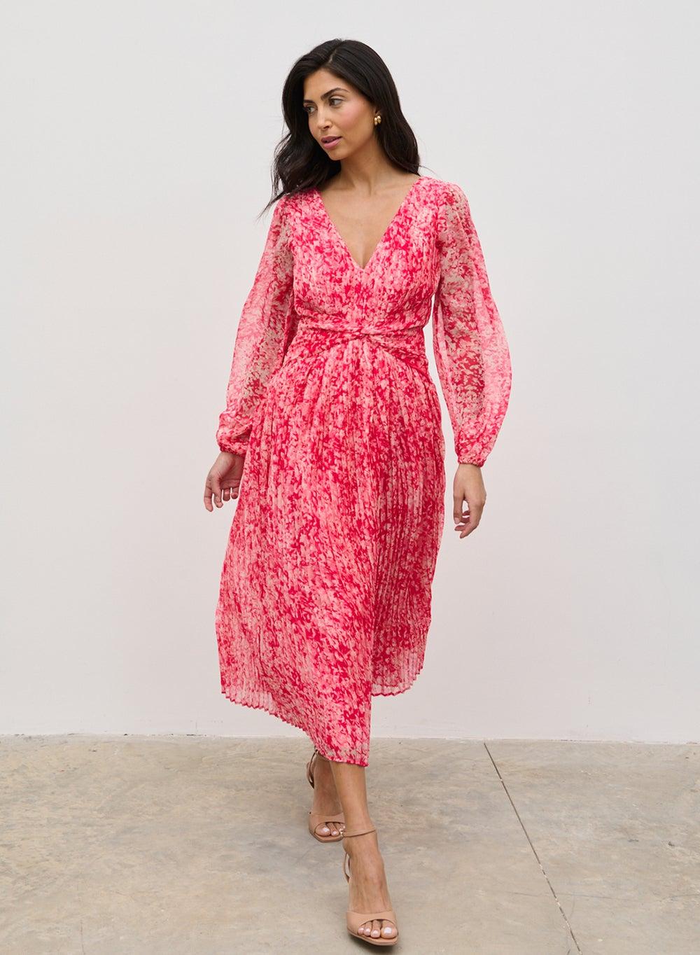 Pleated Floral Chiffon Midi Dress - Image 1