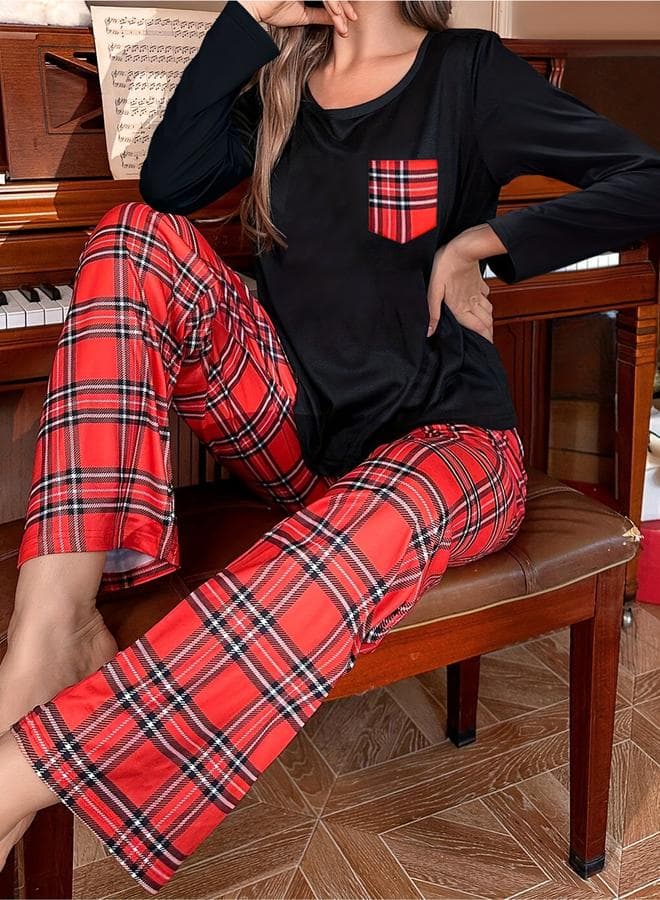 Take Two Checked Pocket Detail Long Sleeve Pyjama Set - Image 1