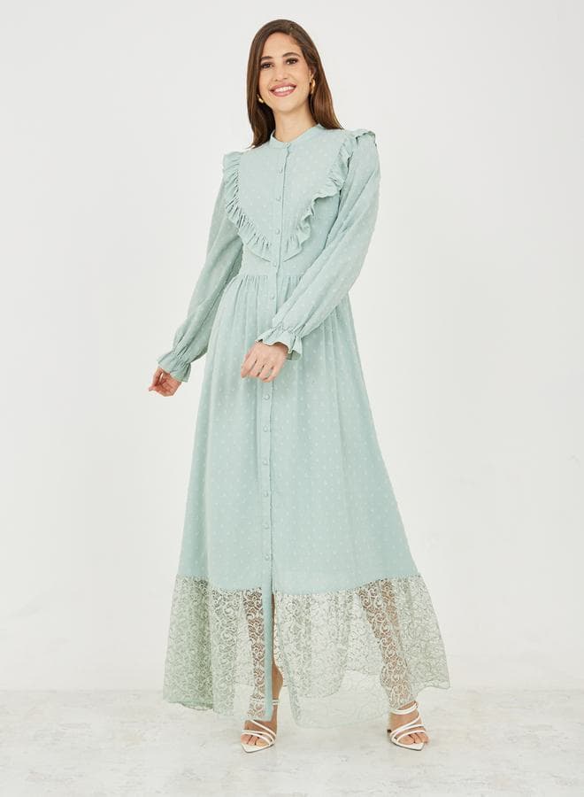 Styli Dobby Frill Detail Lace Hem Maxi Dress - Image 1
