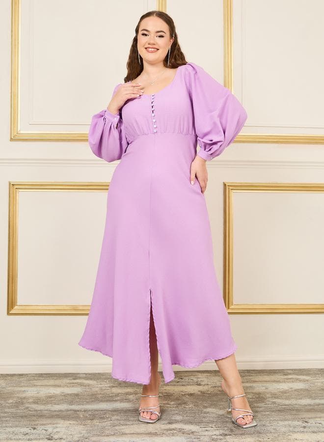 Styli Plus Bishop Sleeve Front Slit Maxi Dress - Image 1