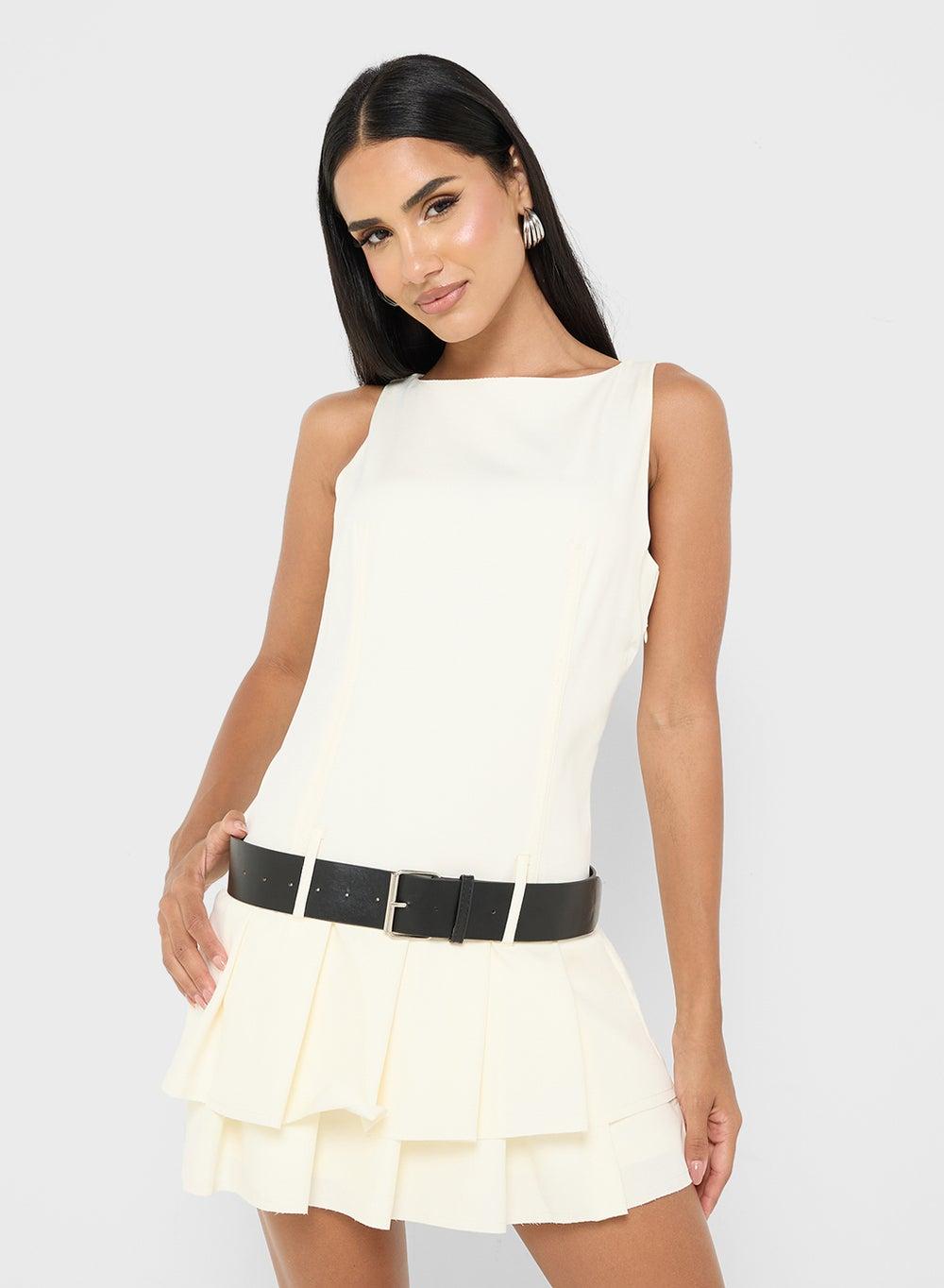 Drop Waist Belted Dress with Frill Detail - Image 1