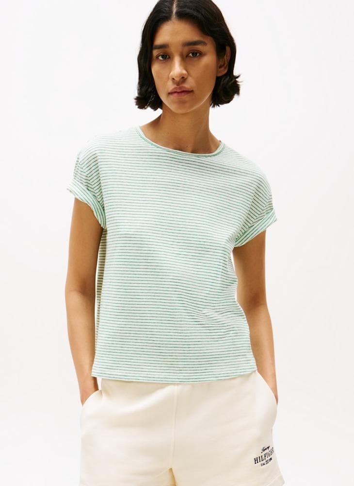 Striped Crew Neck Cotton Linen T-Shirt - Image 1