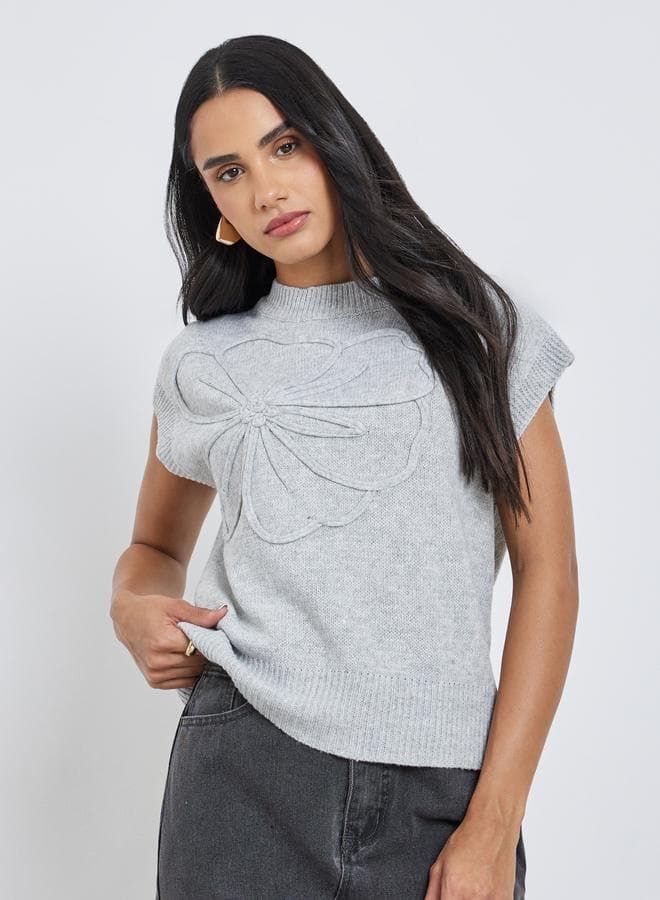 Styli Grey Knit Vest Top with Floral Detail - Image 1