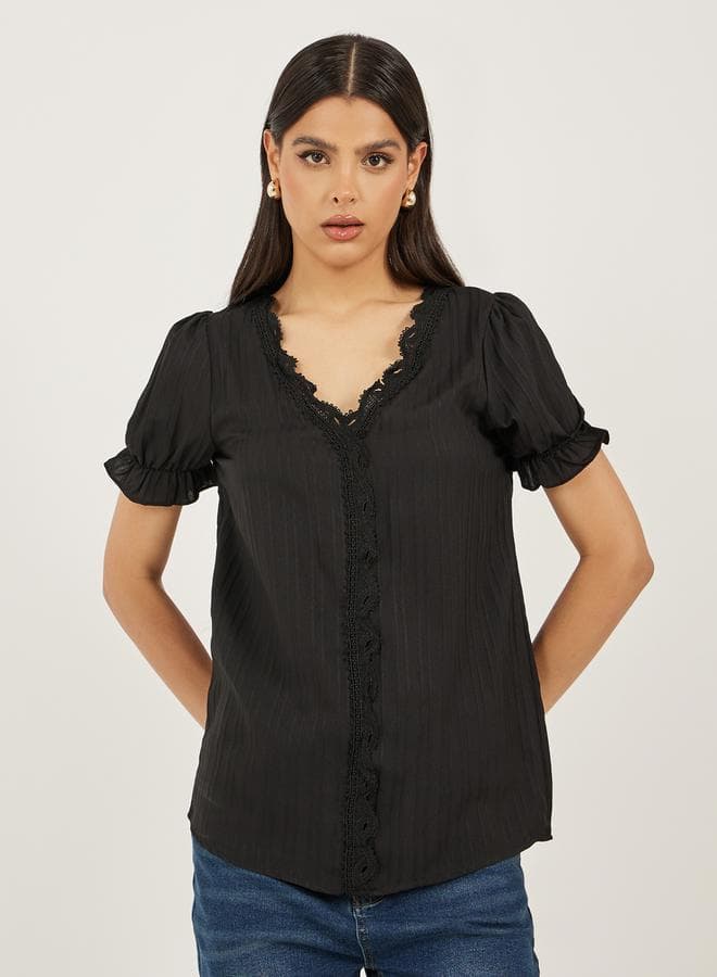 Styli Black Solid V-Neck Lace Blouse - Image 1
