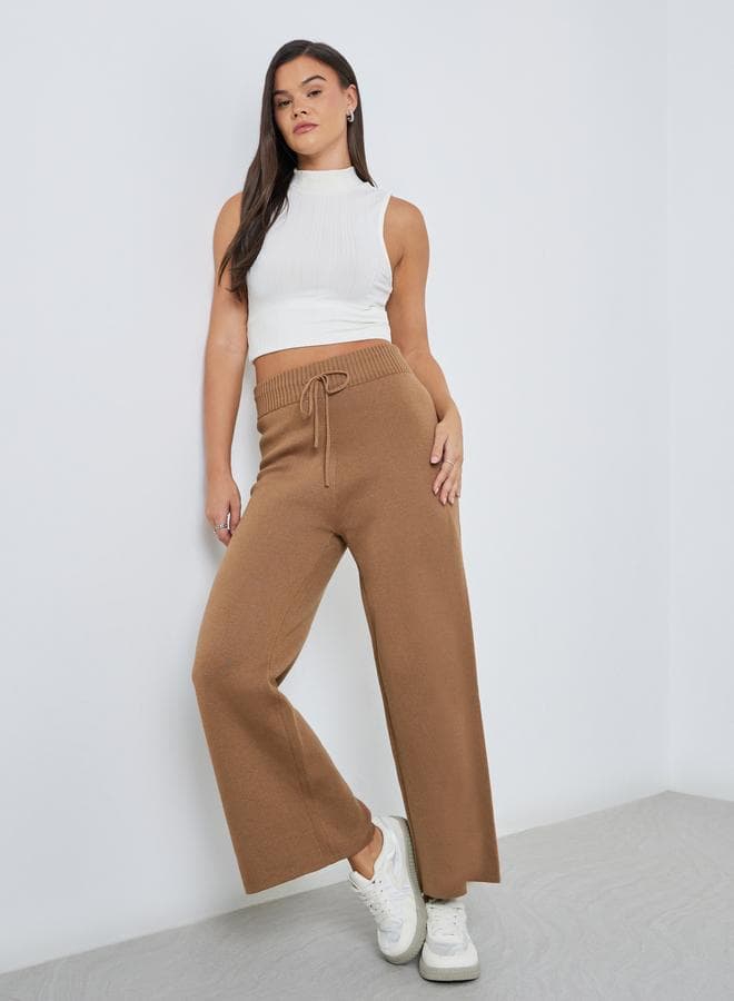 Flat Knit Wide Leg Pants with Drawstring Waist - Image 1