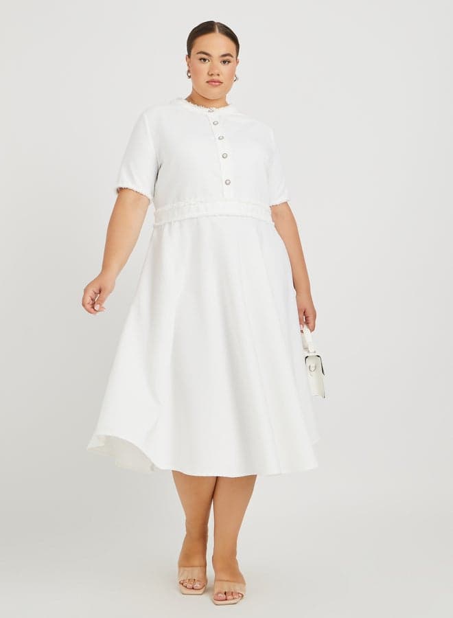 Textured White A-Line Midi Dress with Button Front - Image 1