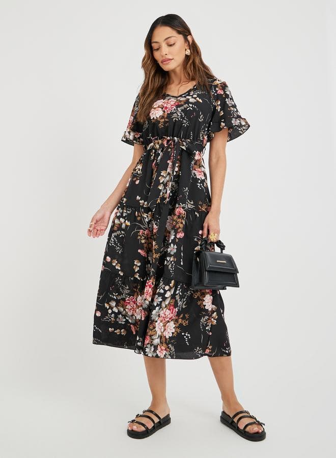 Take Two Black Floral Ruffle Trim Midi Dress - Image 1