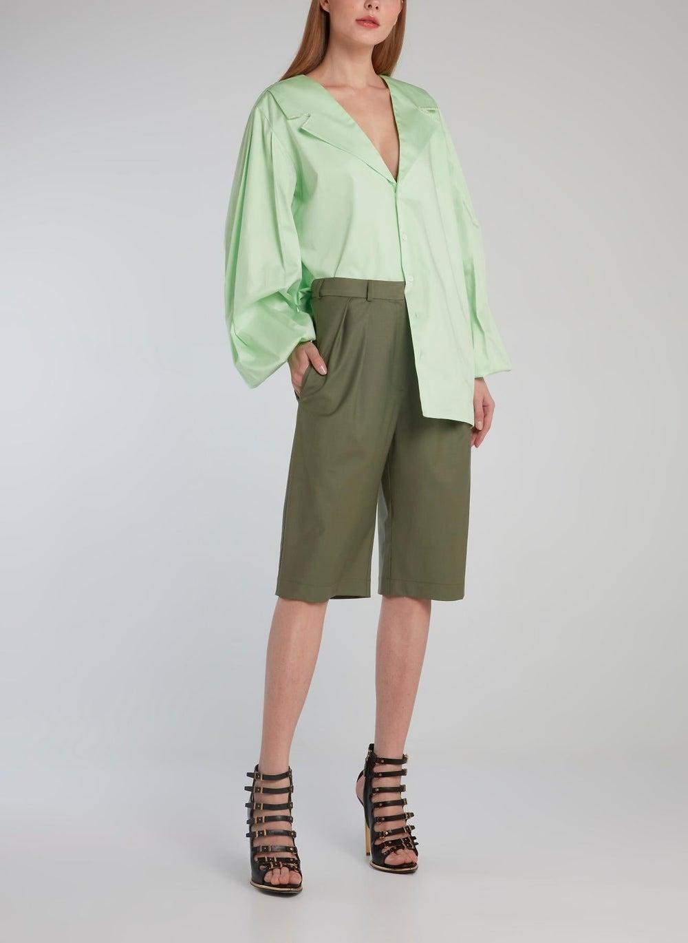 Mint Bishop Sleeve Plunging Blouse - Image 1