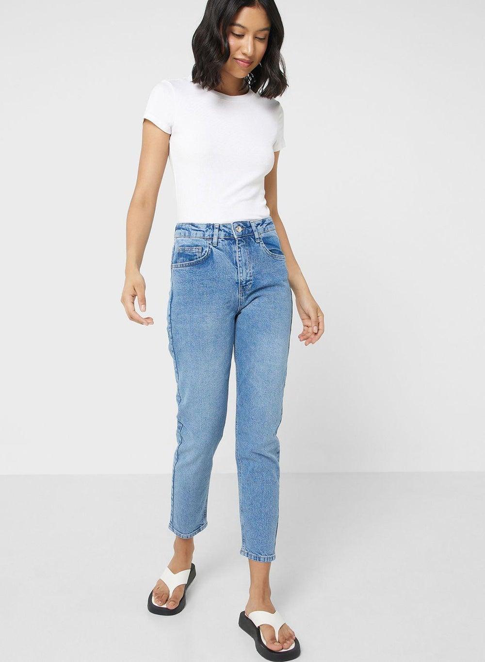 Woman Comfort Mom High Waist Cotton Blend Jeans - Image 1