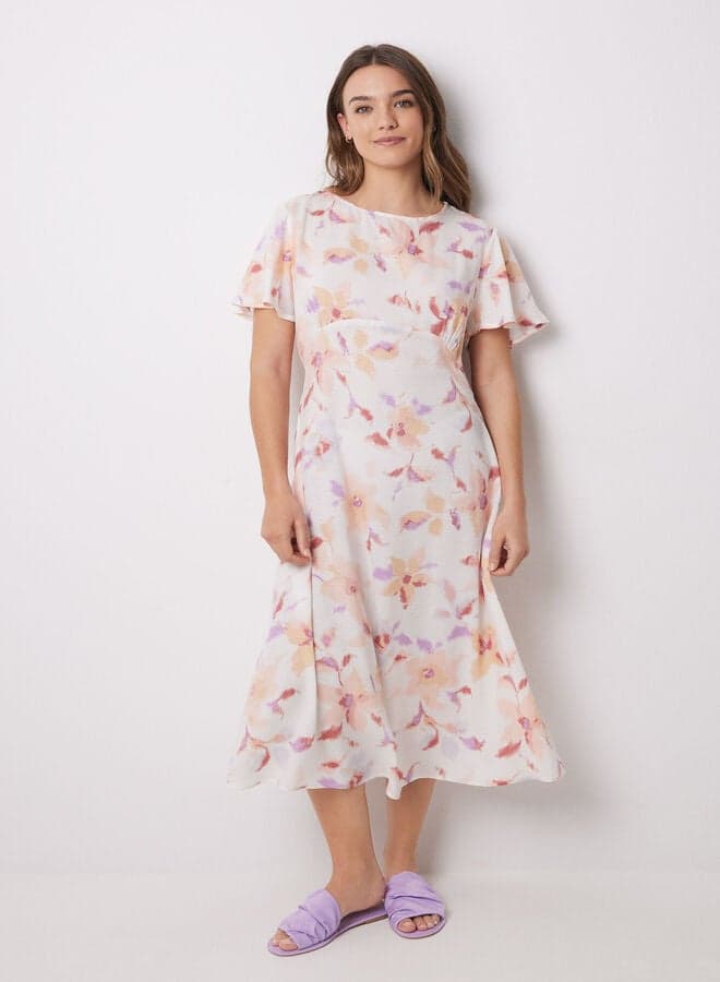 Floral Flared Midi Dress with Flutter Sleeves - Image 1