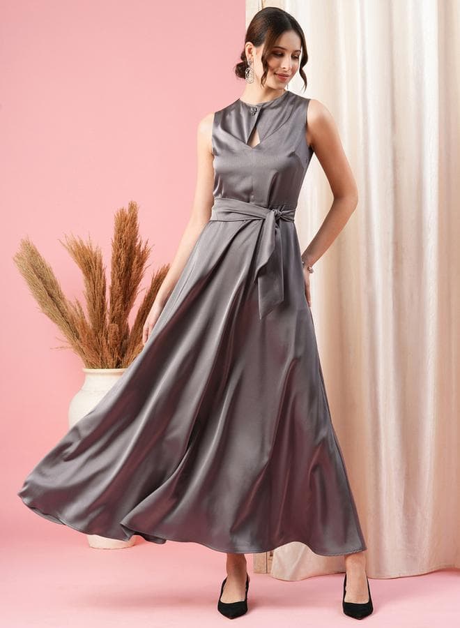 Round Overlap Neck Satin Maxi Dress with Cut-Out Detail - Image 1