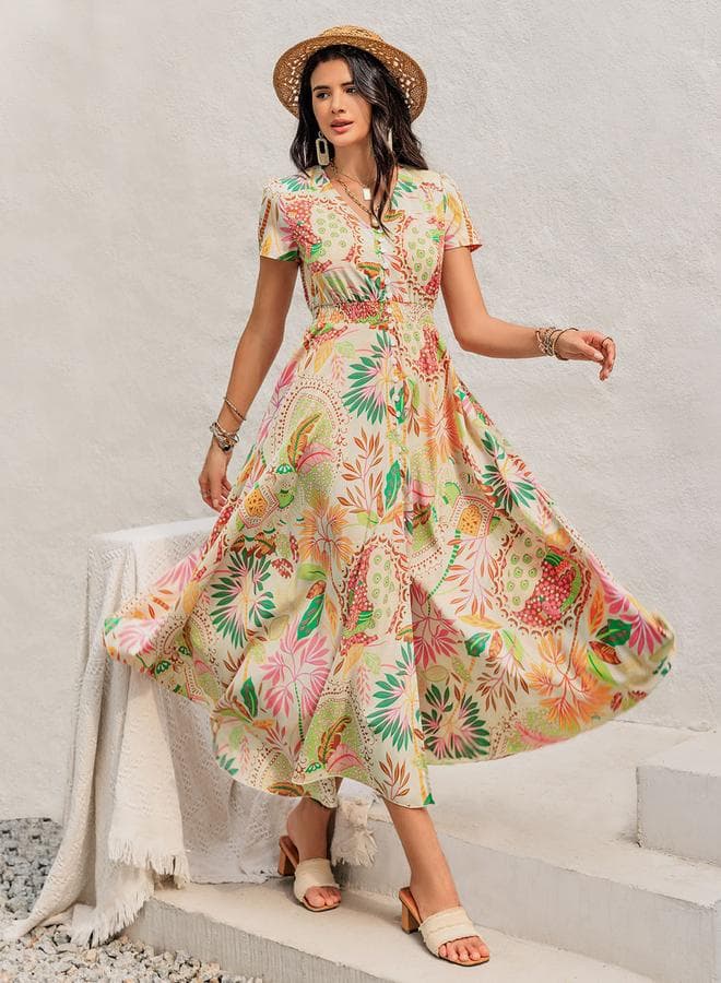 Floral Printed V-Neck Short Sleeve Midi Dress - Image 1