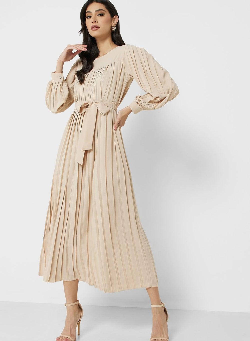 Pleated Balloon Sleeve Midi Dress with Self-Tie Belt - Image 1