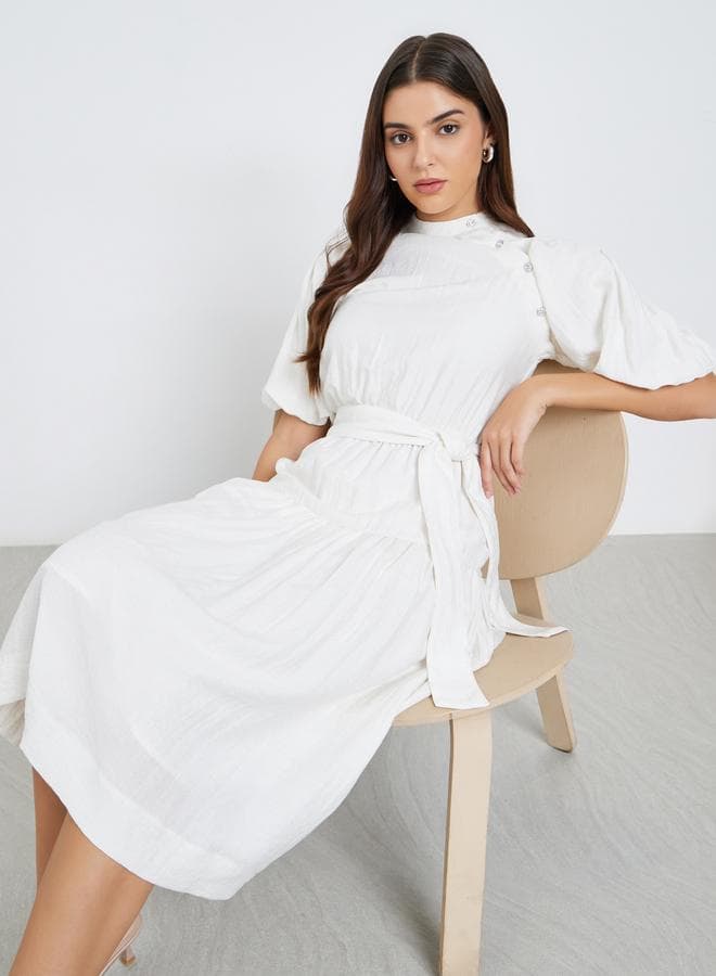 Styli Solid Puff Sleeve Tiered Midi Dress - Image 1