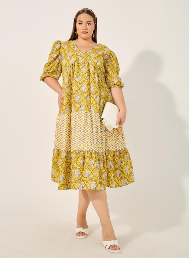 Floral Tiered Midi Dress with Puff Sleeves - Image 1