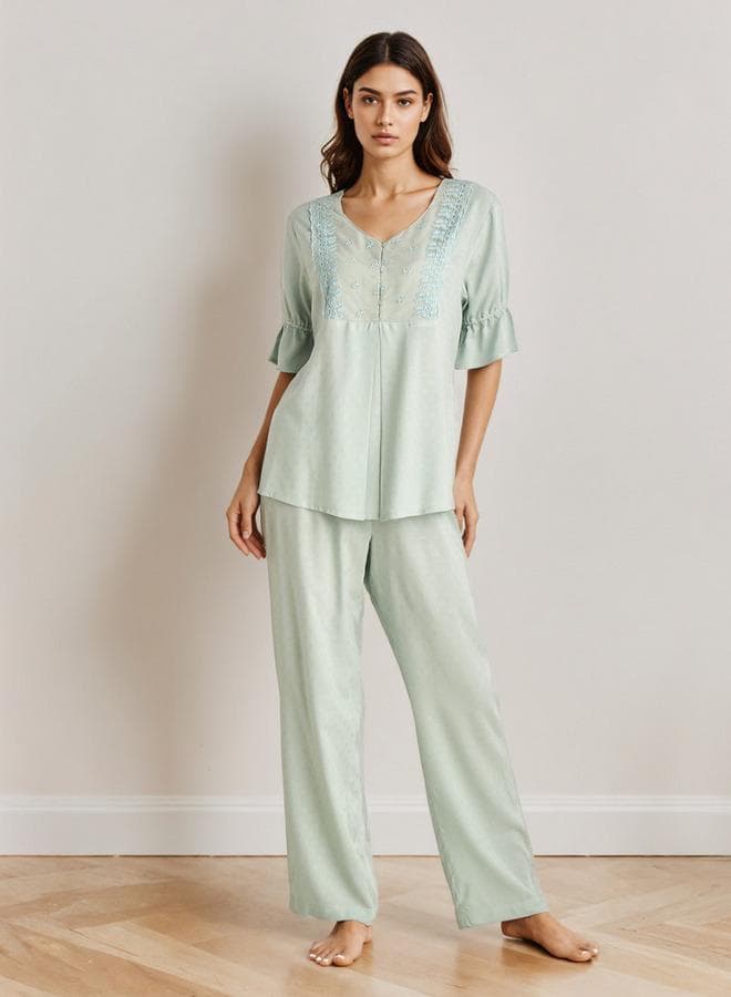 Button-Down Viscose Pyjama Shirt and Trousers Set - Image 1