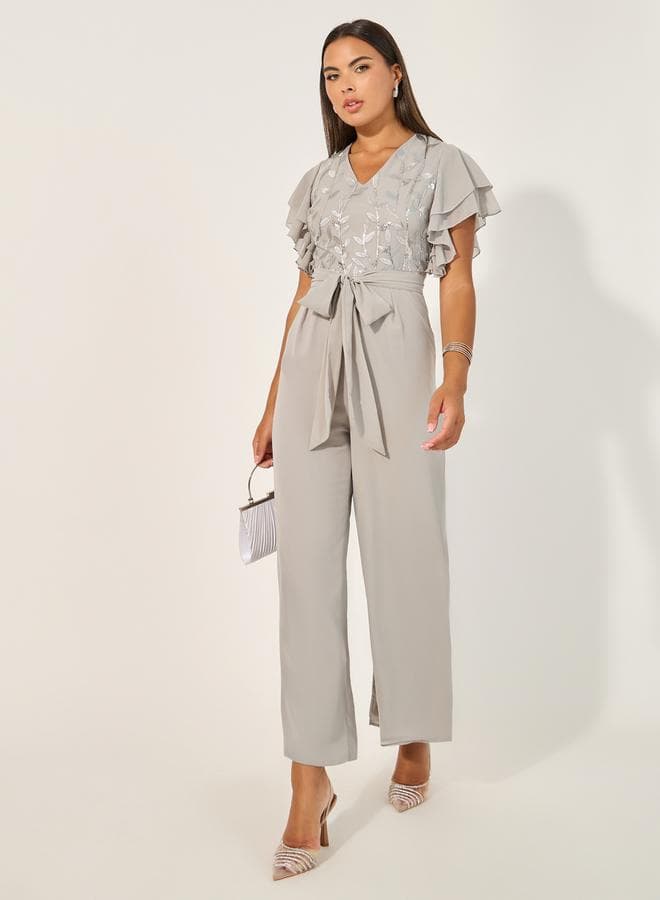 Styli Embroidered Layered Ruffled Sleeves Wide Leg Jumpsuit - Image 1