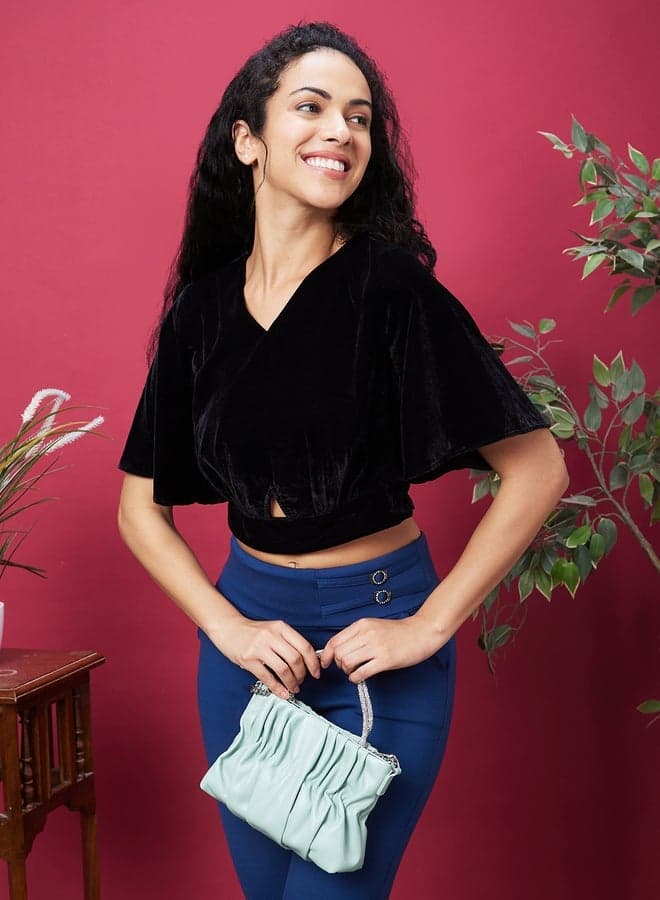 Solid V-Neck Velvet Crop Top with Flared Sleeves - Image 1