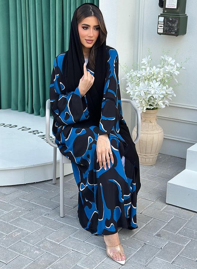 Printed Chiffon Bisht Abaya with Matching Headscarf - Image 1