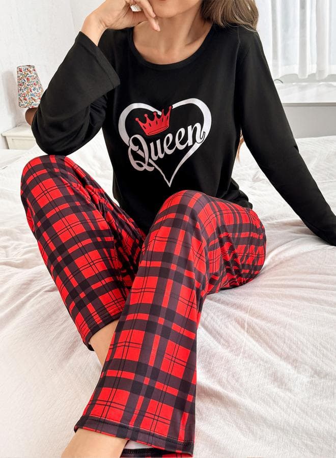Take Two Graphic Print Checked Long Sleeve Pyjama Set - Image 1