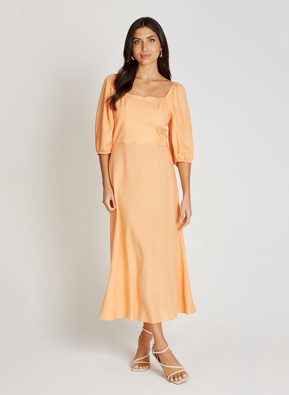 Scalloped Peach Midi Dress with Puff Sleeves - Image 1