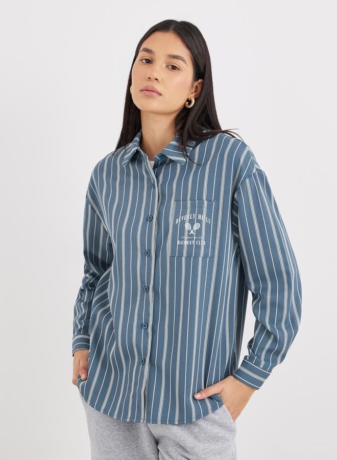 Blue Printed Chest Pocket Oversized Striped Shirt - Image 1