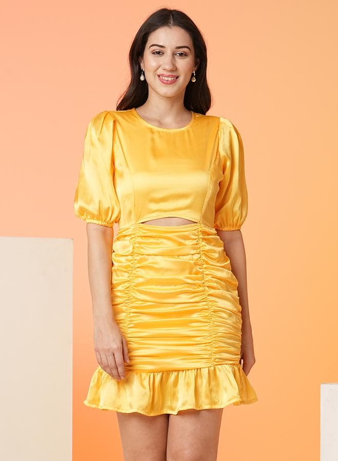 Globus Yellow Satin Ruched Cut-Out Mini Dress - Image 1