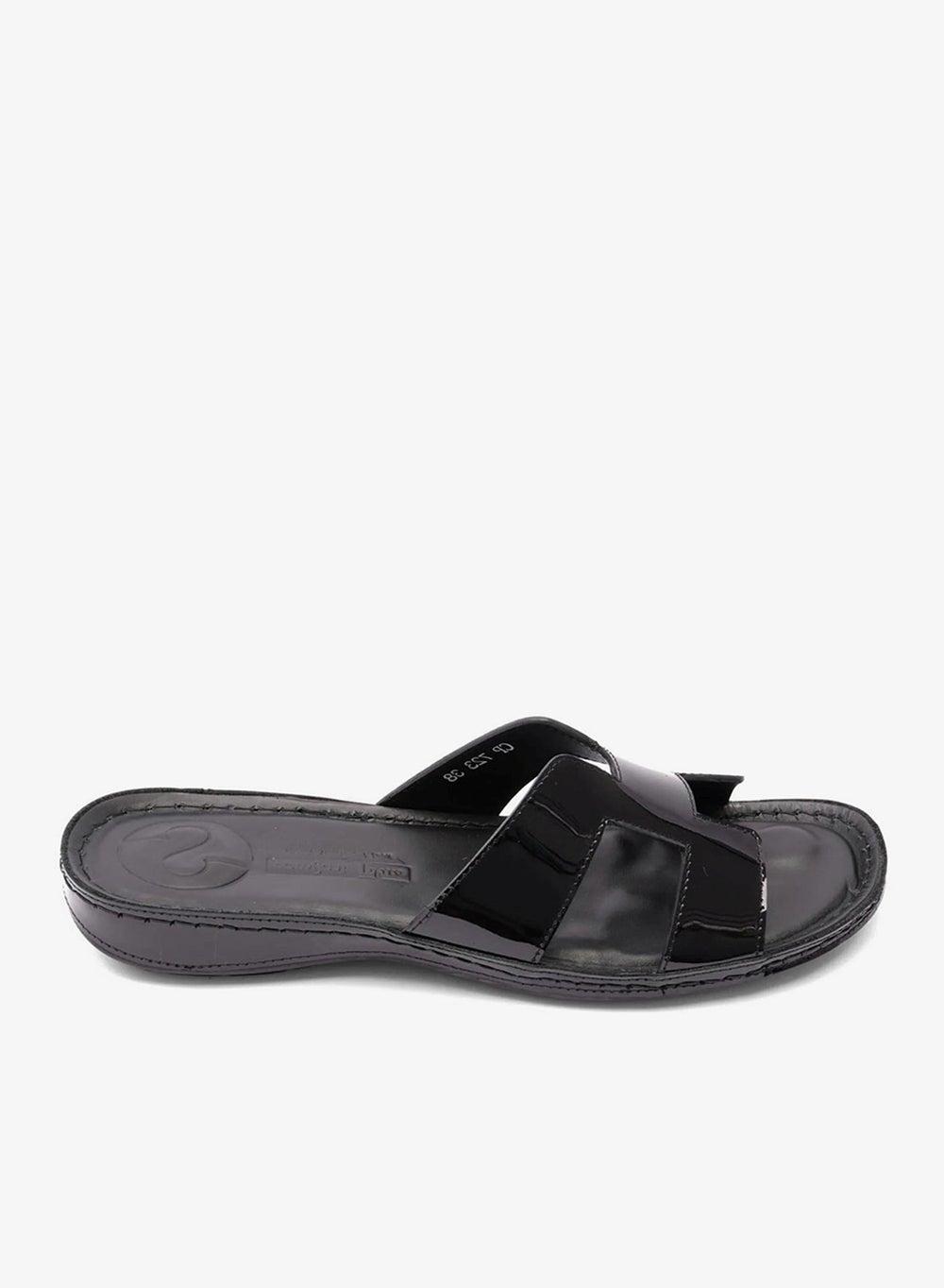 Black Patent Leather Comfort Plus Flat Ladies Sandals - Image 1