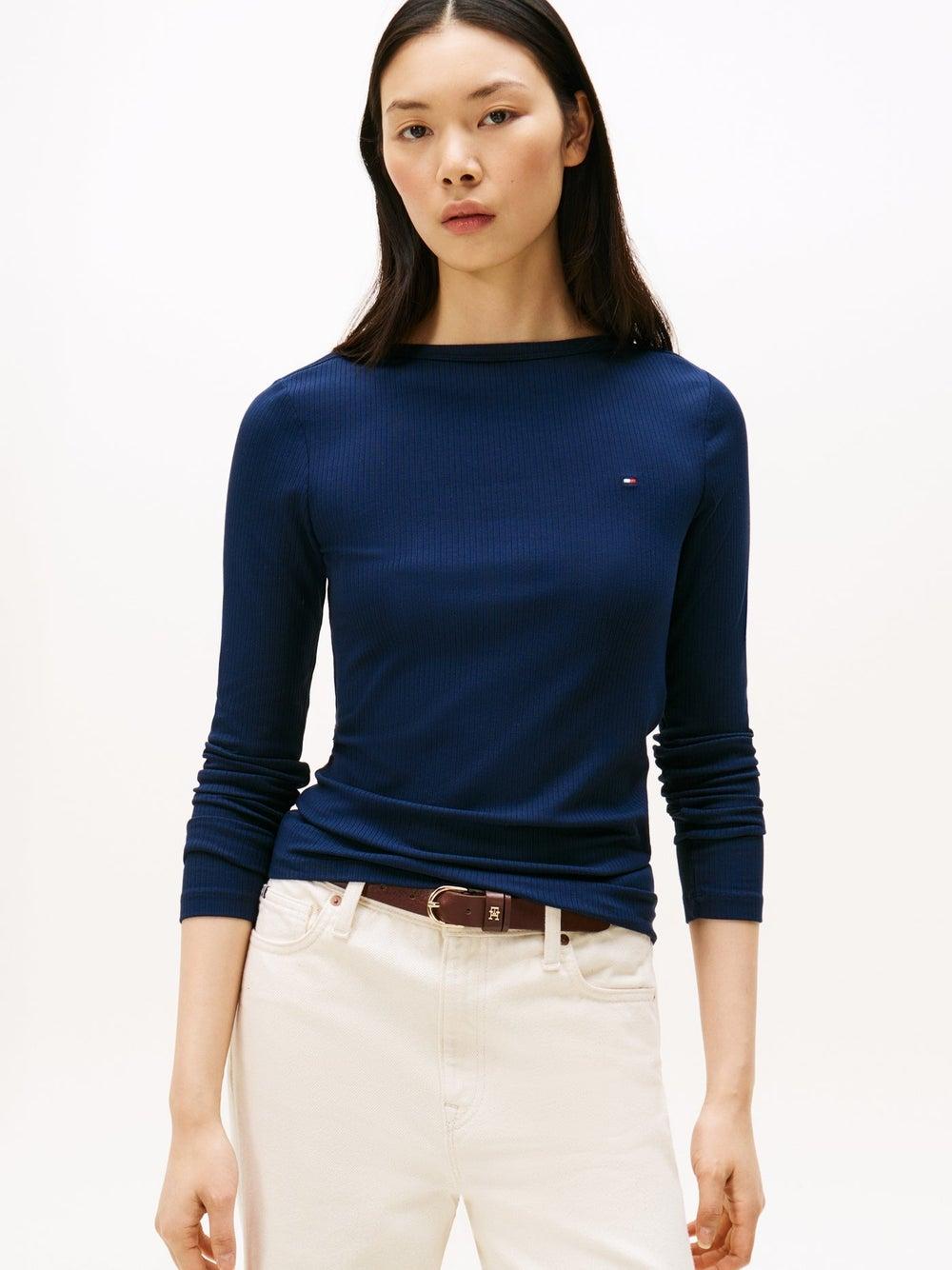 Slim Ribbed Boat-Neck Long-Sleeve T-Shirt - Image 1