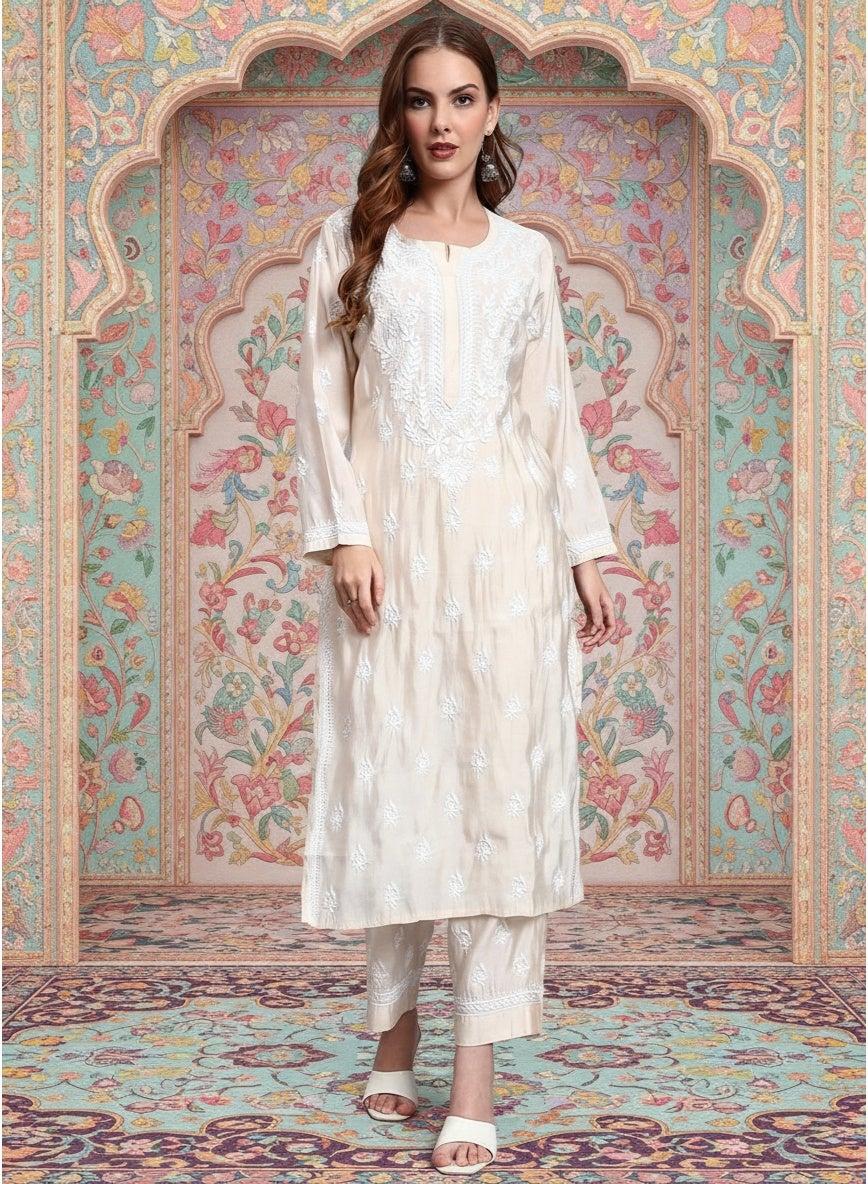 Hand Embroidered Chikankari Chanderi Kurta Set AL4089KS - Image 1