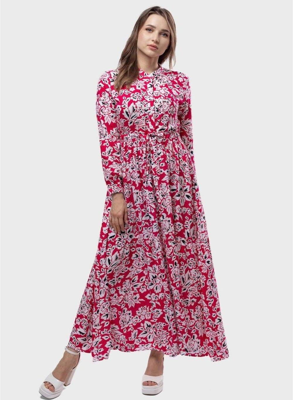 Cotton Red & White Long Sleeve Full-Length Dress - Image 1