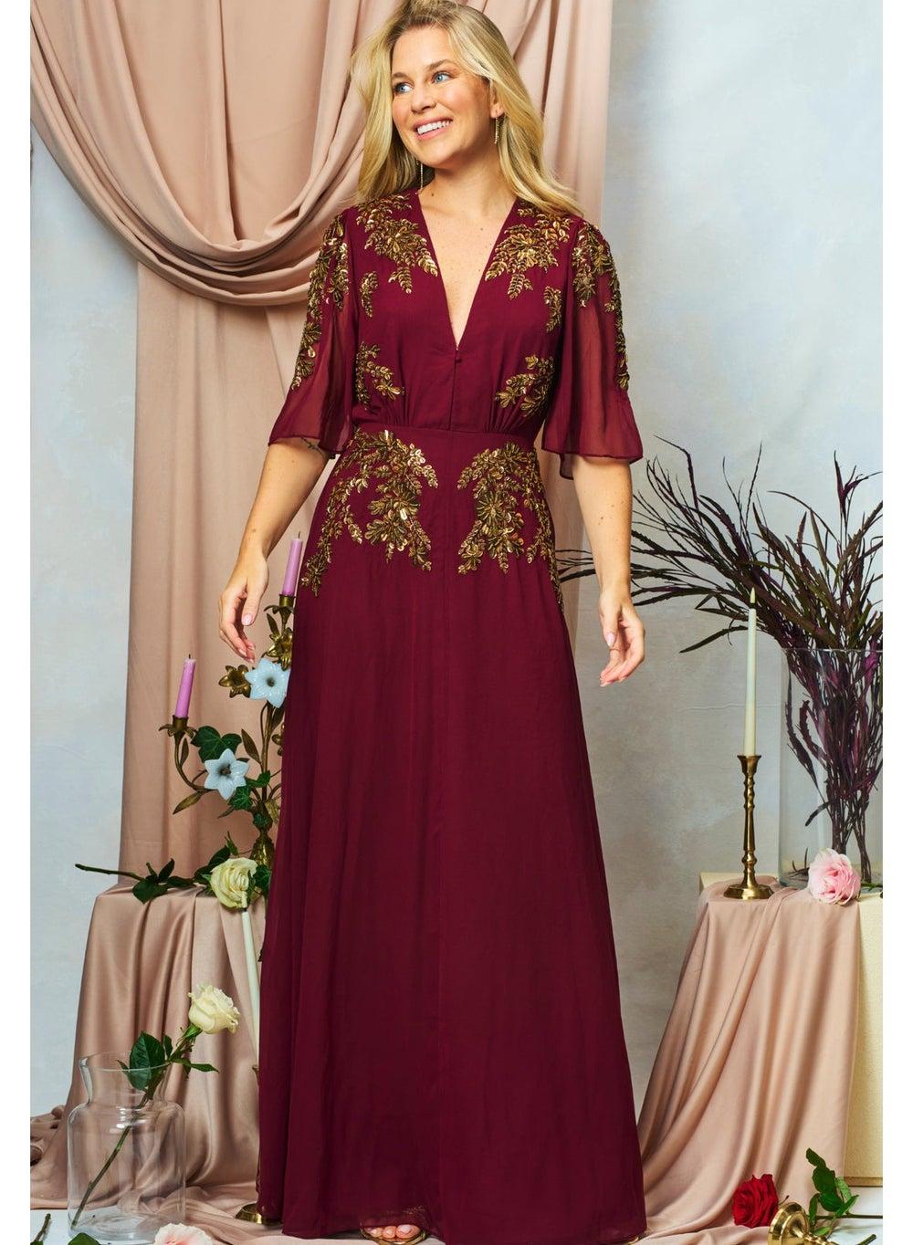 Plunge Front Embellished Flutter Sleeve Maxi Dress - Image 1