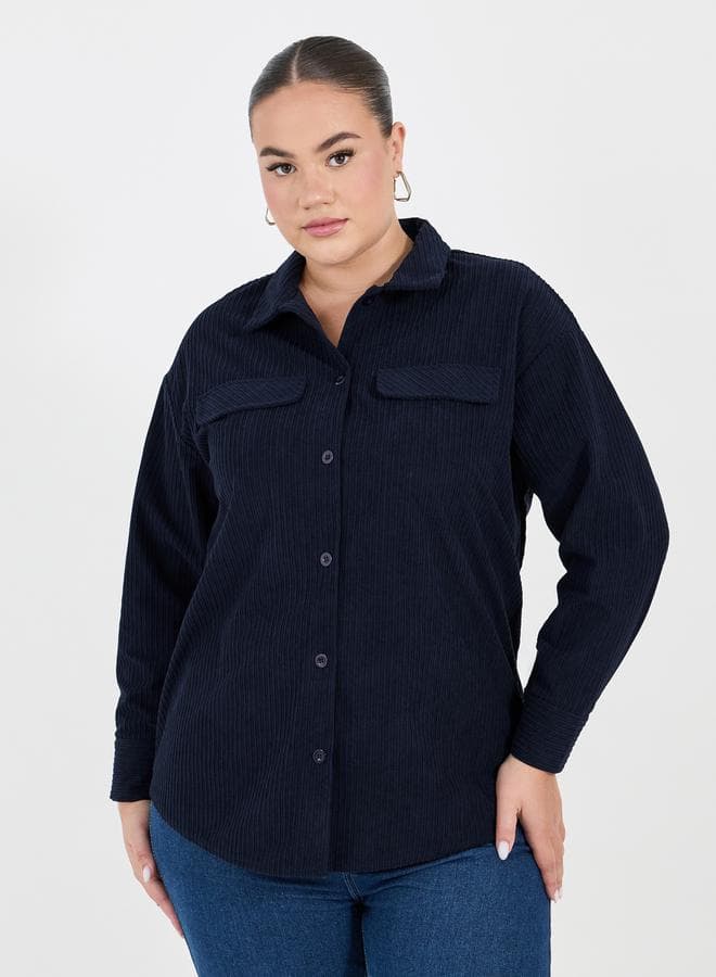 Plus Size Textured Oversized Shirt with Flap Pockets - Image 1