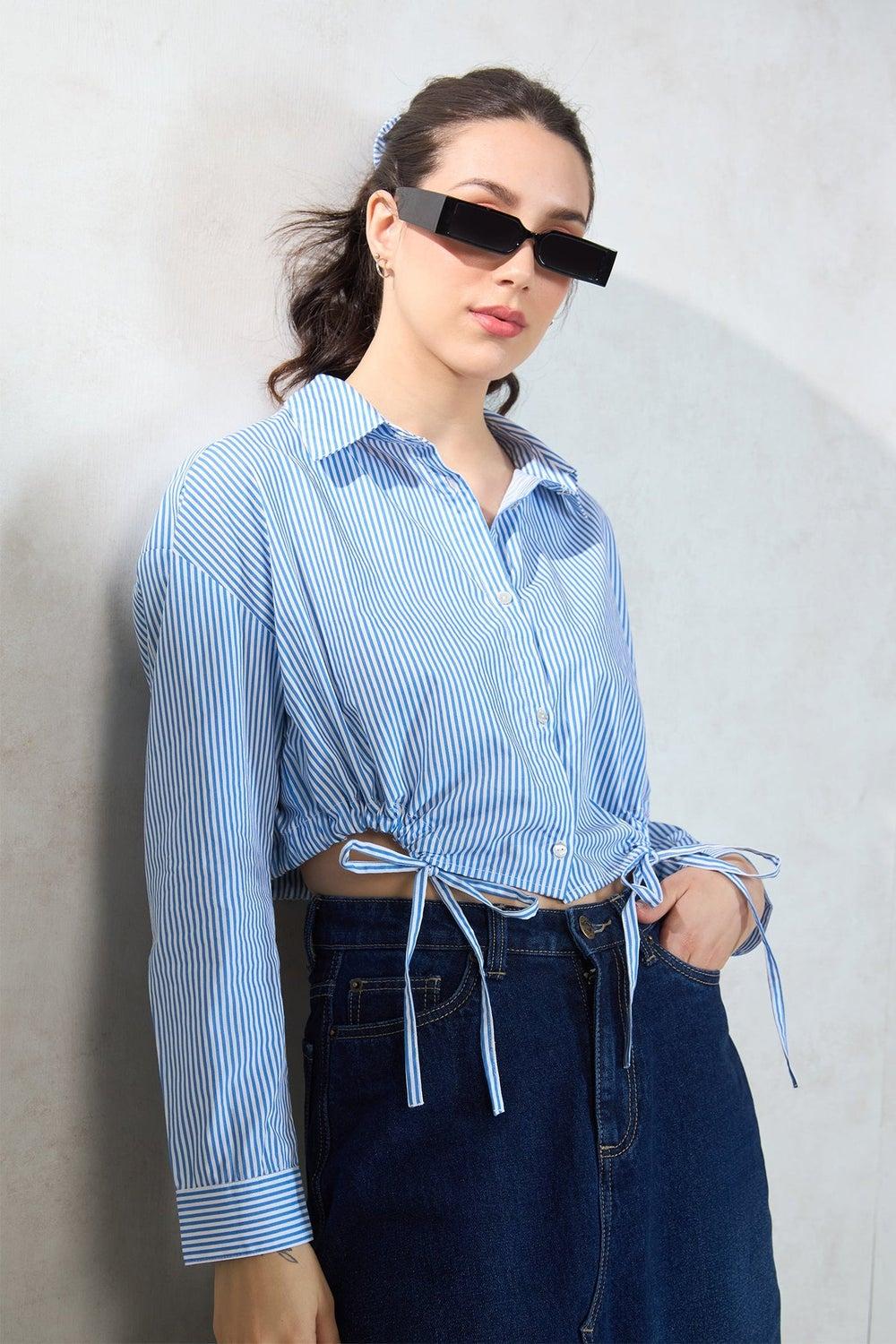 Cotton Relaxed Tie-Hem Striped Shirt for Women - Image 1